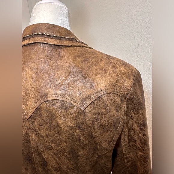 Western style faux leather jacket brown w beads and zipper size small to medium - Picture 4 of 16